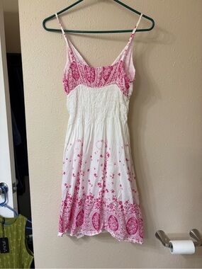 Alki'i White and Pink Paisley Smocked Mini Dress